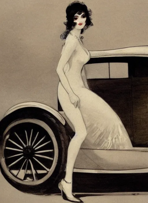 Image similar to Louis Icart, a drawing of a woman posing in front of a 1920's car by Louis Icart, highly detailed, masterpiece, trending on ArtStation, ultra realistic