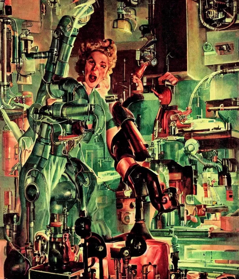 Image similar to a female mad scientist building a retro robotic!!! man!!!, in a darkly lit laboratory room, 1 9 5 0 s horror film movie poster style, ( norman rockwell oil painting ), retro science fiction, vintage, saturated pink and green lighting, shadowy lighting