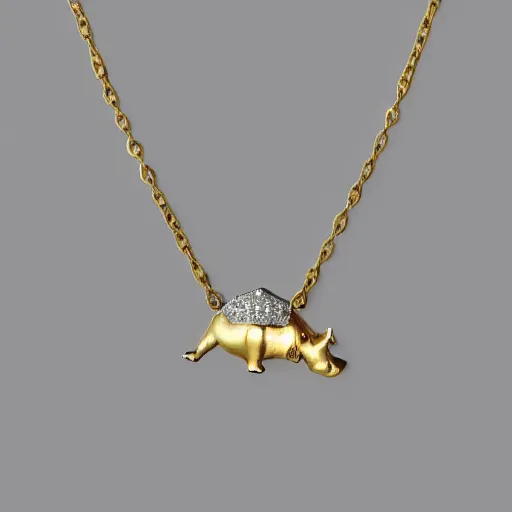 Image similar to a gold necklace with a diamond pendant shaped like a rhino