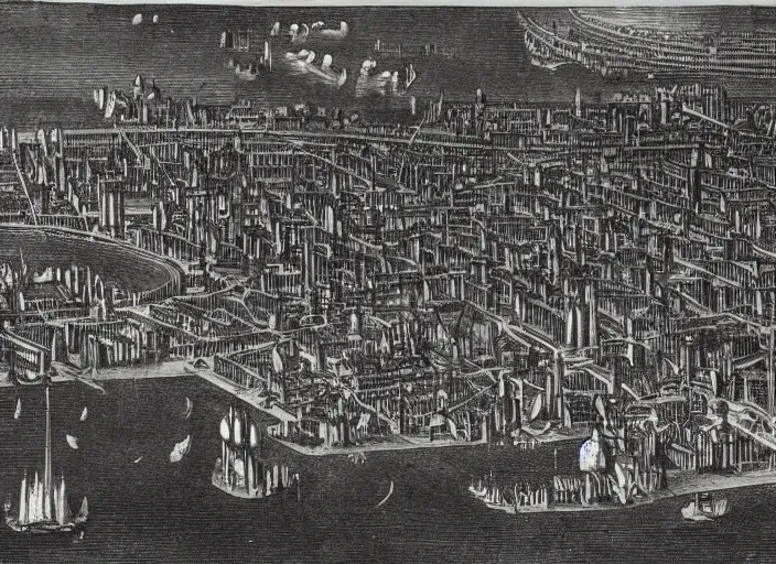 Image similar to detail from Hollar’s Panoramic view of a futuristic city, 1647