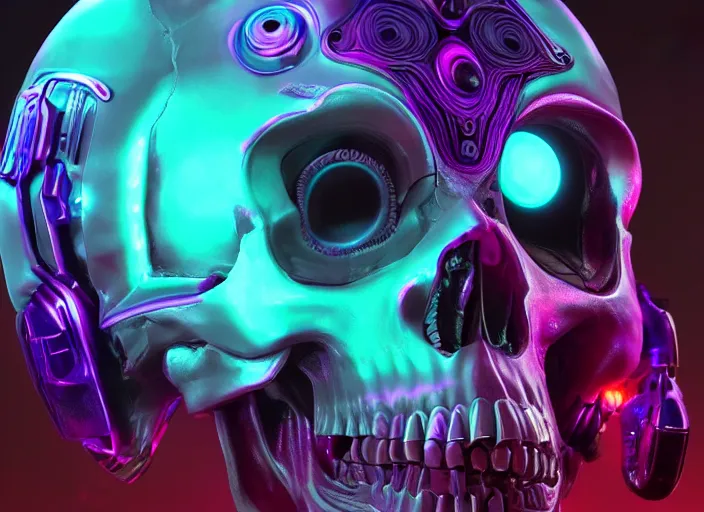 Image similar to a futuristic skull with glowing eyes and a purple background, cyberpunk art by android jones, behance contest winner, computer art, darksynth vaporwave, rendered in cinema 4 d