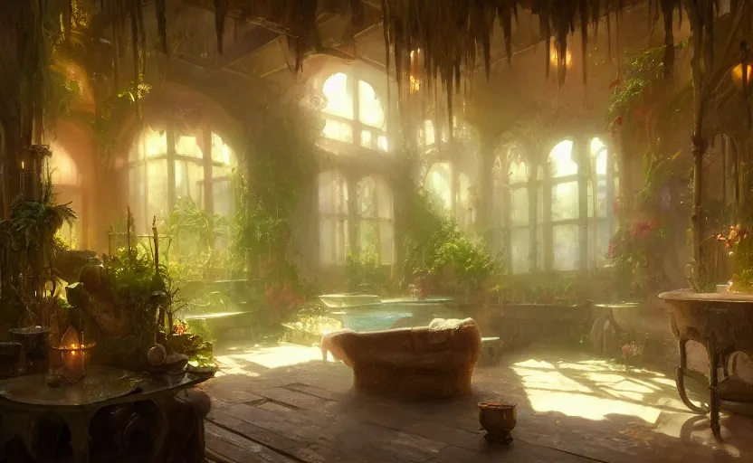 Image similar to painting of an interior of a bath house with candles, fantasy, lush plants and flowers, natural light, concept art, by greg rutkowski and craig mullins, cozy atmospheric and cinematic lighting, trending on artstation