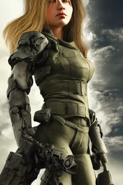 Image similar to portrait photo of beautiful young female, clothed in military armor, long hair blowing in the wind, from metal gear. Future war zone behind her. by Anita Sadowska