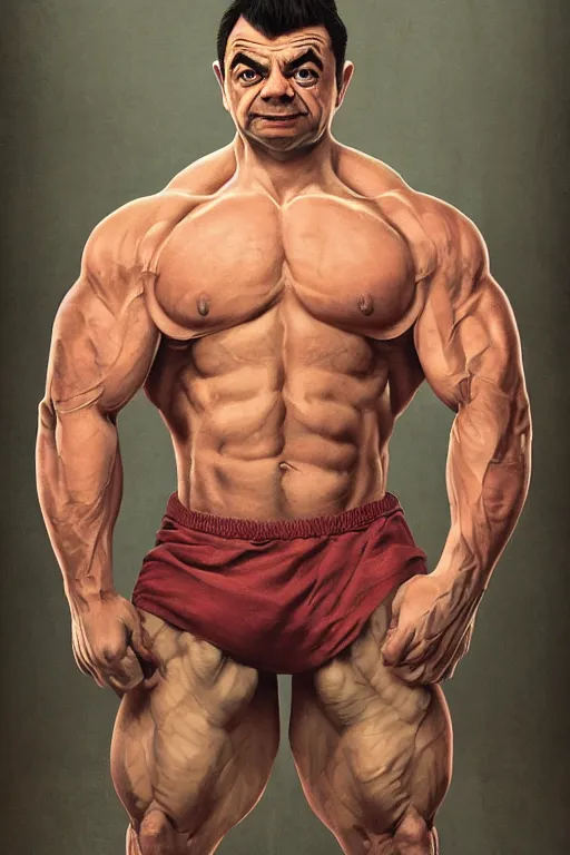 Image similar to upper body portrait of a hulking bulky swole steroids musclebound huge bodybuilder muscular herculean chiseled mr bean rowan atkinson, cinematic lighting, photorealistic, octane render, 8 k, depth of field, 3 d, art by artgerm and greg rutkowski and alphonse mucha and uang guangjian and gil elvgren and sachin ten