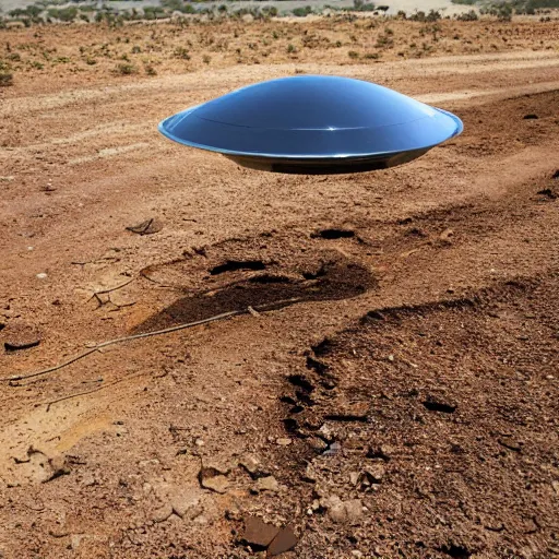 Image similar to a saucer shaped ufo stuck sideways in the dirt after crashing,