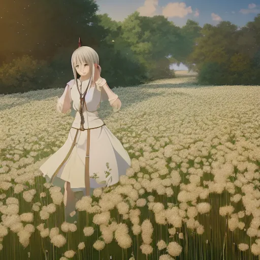 Image similar to portrait of the girl walking through the floss flower field, anime fantasy illustration by tomoyuki yamasaki, kyoto studio, madhouse, ufotable, square enix, cinematic lighting, trending on artstation