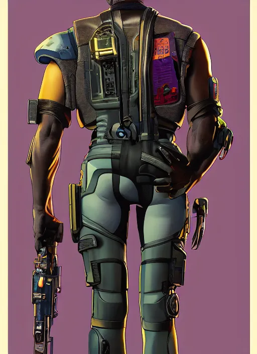 Image similar to chidi igwe. cyberpunk police officer in tactical harness and jumpsuit. portrait by stonehouse and mœbius and will eisner and gil elvgren and pixar. realistic proportions. dystopian. cyberpunk 2 0 7 7, apex, blade runner 2 0 4 9 concept art. cel shading. attractive face. thick lines.