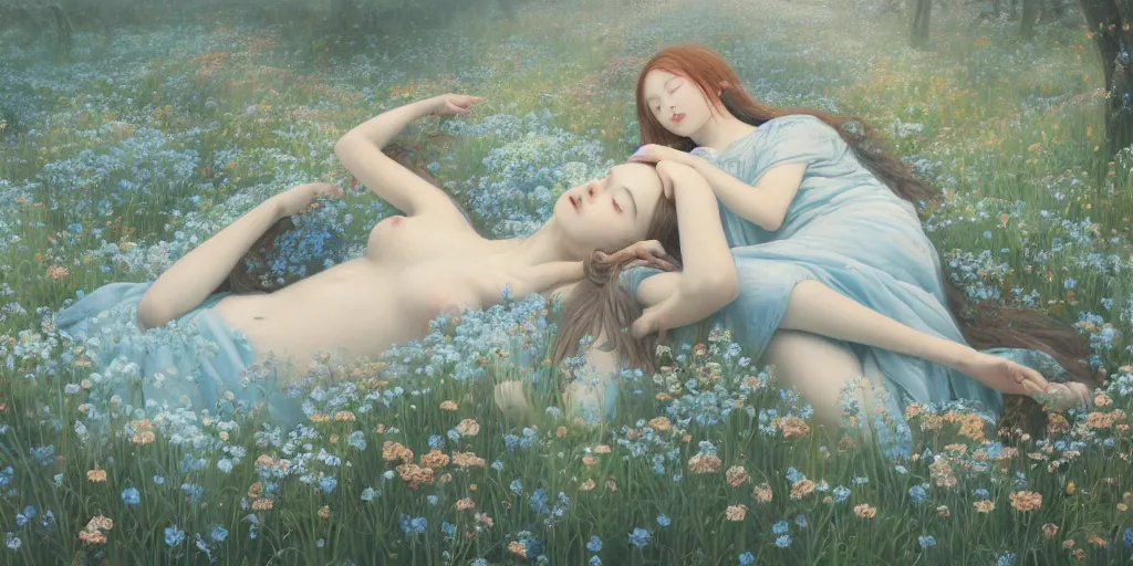 Prompt: breathtaking detailed concept art painting of the sleeping in meadow goddesses of light blue flowers, orthodox saint, with anxious, piercing eyes, ornate background, amalgamation of leaves and flowers, by Hsiao-Ron Cheng, Miho Hirano, extremely moody lighting, 8K