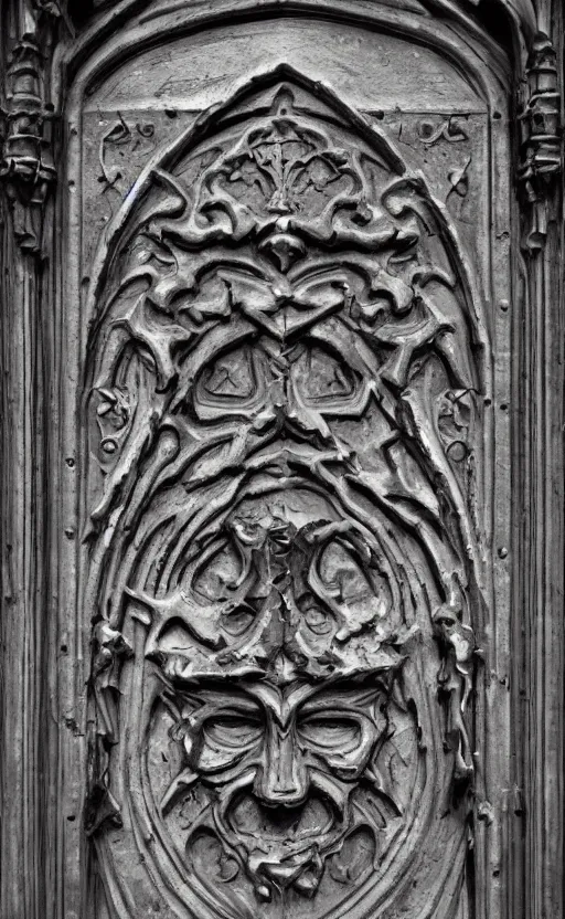 Image similar to door with carved sinister face head. cast iron. gothic medieval baroque. symmetry. epic. ominous shapes. hyper detailed. photoreal