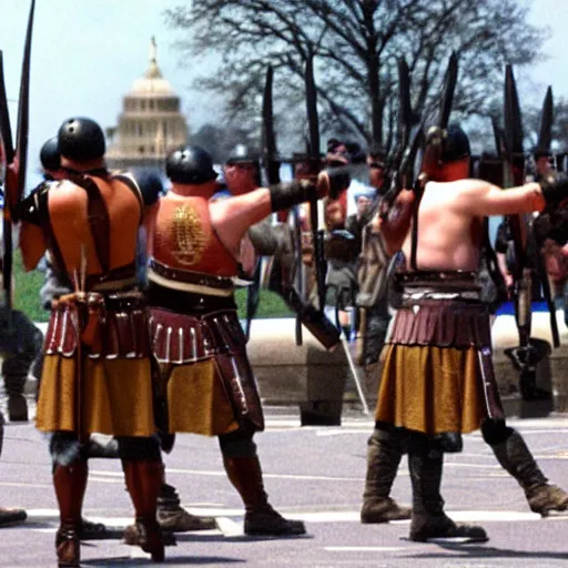 Prompt: roman legions shooting in front of the pentagon ( 2 0 0 3 )