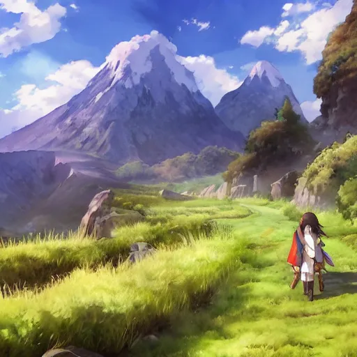 Image similar to watercolor, wallpaper, 4 k, digital art, photorealism, realistic, unity, unreal engine, blue skies and rolling green fields, rpg isekai adventurers, anime, mountains, by hayao miyazaki, by studio ghibli, high quality, stunning, amazing work of arts, inspirational