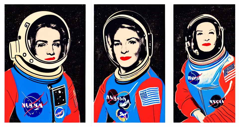 Image similar to a triptych of close up portraits of a very ordinary young woman in a NASA spacesuit, by andy warhol, colorful screenprint and scrawled charcoal lettering, anatomically correct, beautiful perfect face, sharp focus, Highly Detailed, Cinematic Lighting, 8k, HD