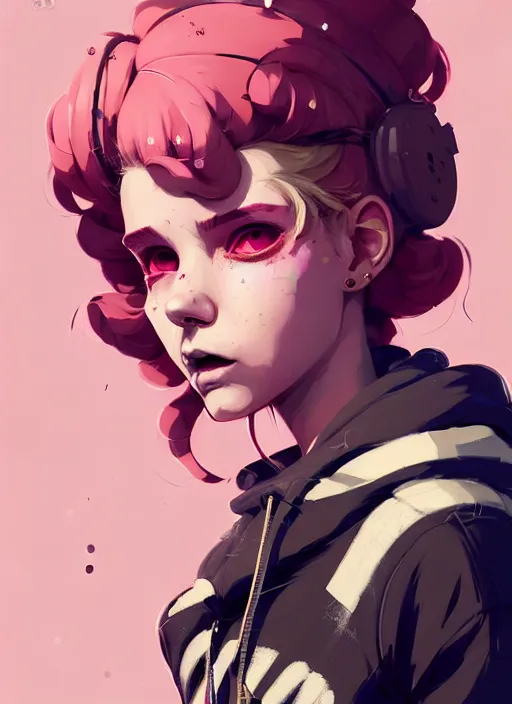 Image similar to highly detailed portrait of a sewer punk lady, tartan hoody, blonde ringlet hair by atey ghailan, by greg rutkowski, by greg tocchini, by james gilleard, by joe fenton, by kaethe butcher, gradient magenta, black, blonde cream and white color scheme, grunge aesthetic!!! ( ( graffiti tag wall background ) )