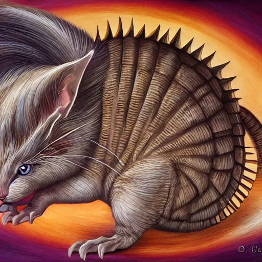 Image similar to a detailed fantasy painting of a hybrid between cat and armadillo, by lauri blank, artgerm, evelyn de morgan, 8K, 50mm lens