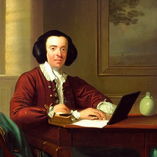 Image similar to 18th century portrait of a man sitting at his desk, frustrated with his computer, oil painting, very detailed, 4k, brush strokes