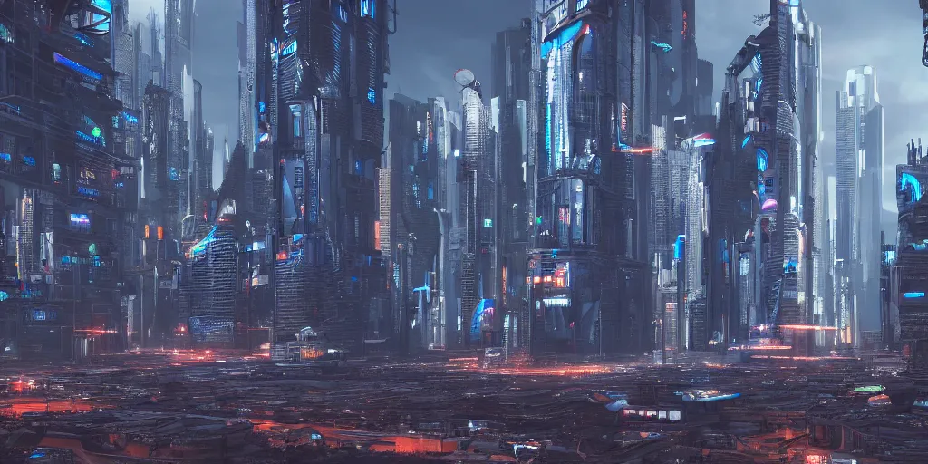 Prompt: a 4K 3D render of a futuristic cyberpunk megacity with advanced sci-fi technology built by the ancient romans