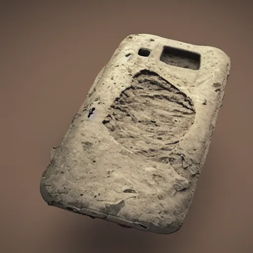 Prompt: fossilized cellphone, archaeology, photorealisitc