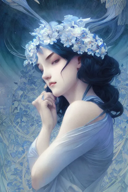 Image similar to perfect blue, dreamy and ethereal,, fantasy, intricate, elegant, highly detailed, digital painting, artstation, concept art, smooth, sharp focus, illustration, art by artgerm and greg rutkowski and alphonse mucha