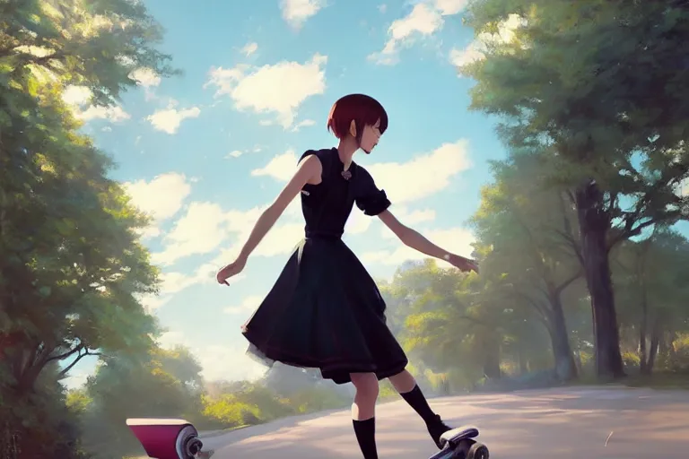 Image similar to A ultradetailed beautiful panting of a stylish woman in a maid outfit skateboarding, Oil painting, by Ilya Kuvshinov, Greg Rutkowski and Makoto Shinkai