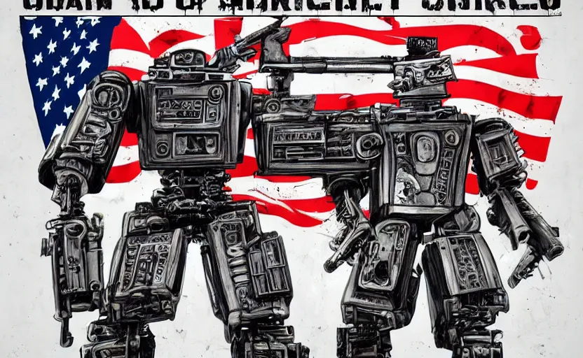 Image similar to robot made of guns, gritty, goes hard, america, poster, detailed, award winning, iconic, ww 3,