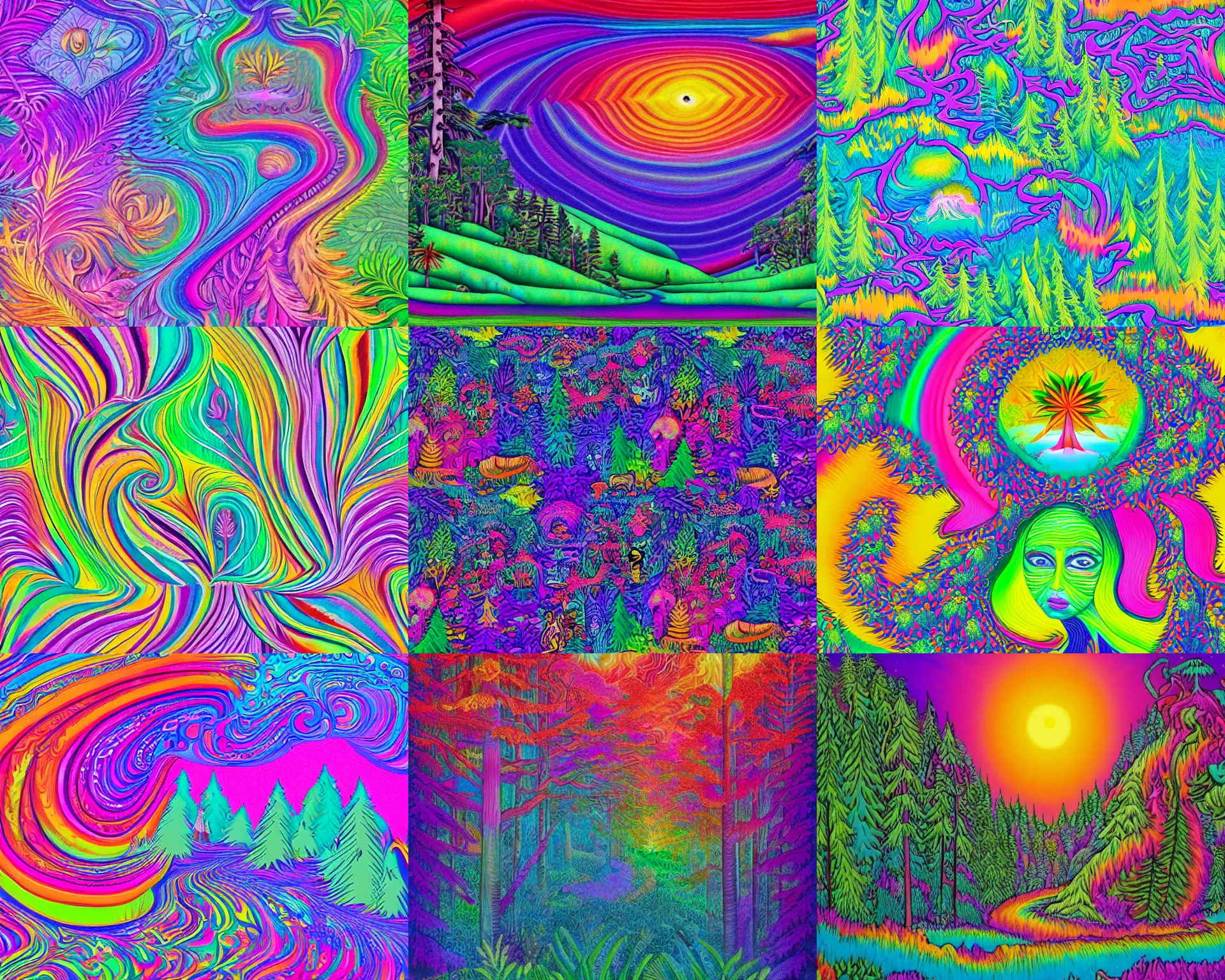 Image similar to Pacific coast forest in the style of Lisa Frank and Alex Grey