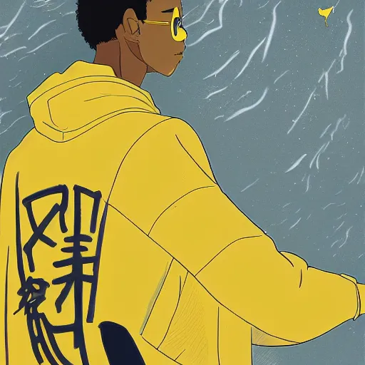 Prompt: portrait of black man wearing a yellow hoodie studio ghibli, fantasy, medium shot, asymmetrical, intricate, elegant, matte painting, illustration,