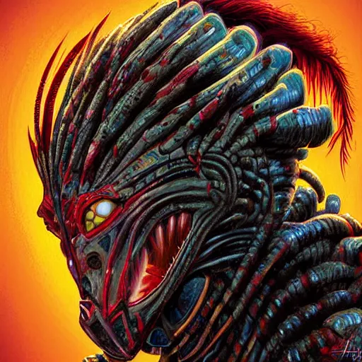 Image similar to character digital painting of an alien with dreadlocks and high tech armor, The Predator, Yautja, by Dan Mumford, hyperdetailed