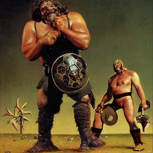 Prompt: wrestler giant haystacks in scifi warrior combat battle armour, by norman rockwell and boris vallejo