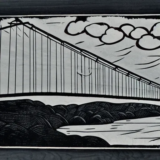 Prompt: steel suspension bridge built in 1 9 2 8, side view, clouds in background, woodcut style, 4 k