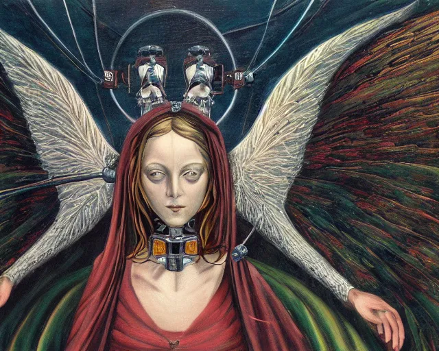 Prompt: a utopian gothic surrealism painting of an cybernetic angel