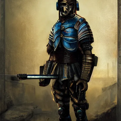 Image similar to portrait of a roman soldier wearing armor, cyberpunk rifle at his side, cinematic, painting