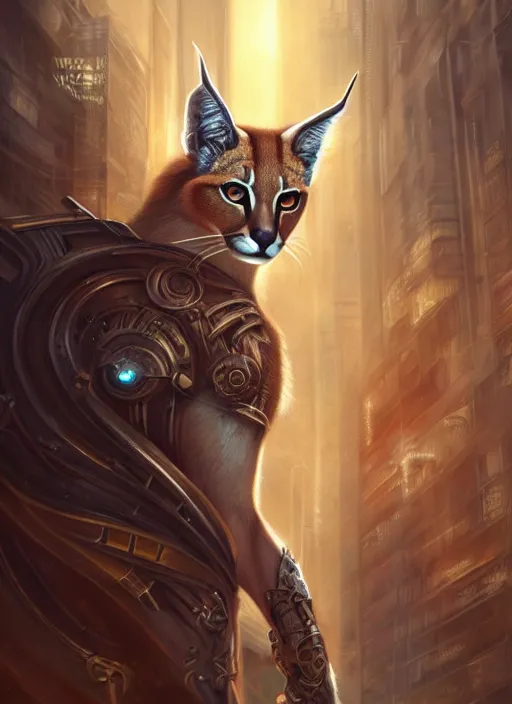 Image similar to cute caracal as apollo ancient greek god, details, fantasy, cyberpunk city, intricate, decadent, highly detailed, octane render, digital painting, artstation, concept art, sharp focus, illustration, art by artgerm, loish, wlop