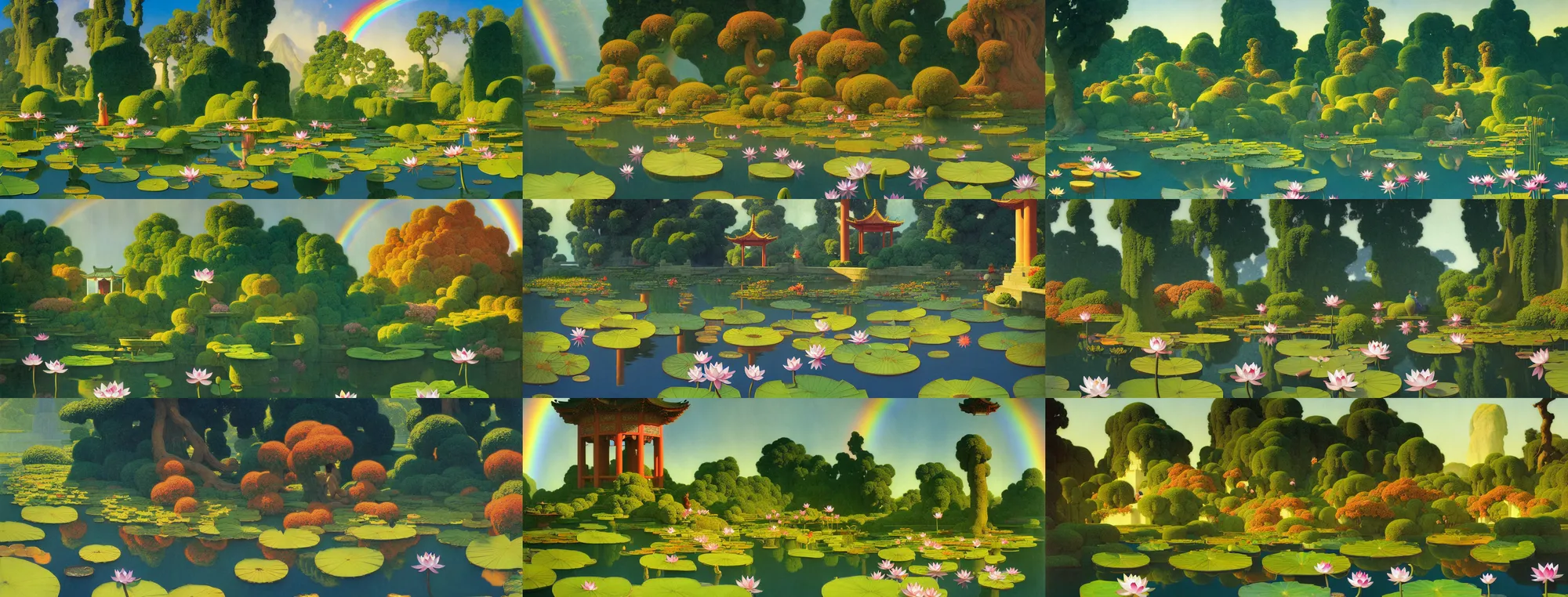 Prompt: a gorgeous midsummer landscape painting by barlowe wayne maxfield parrish and marco mazzoni. lotus pond. chinese temple. the winding steps. ultra clear detailed. 3 d, octane render. a lonely rainbow