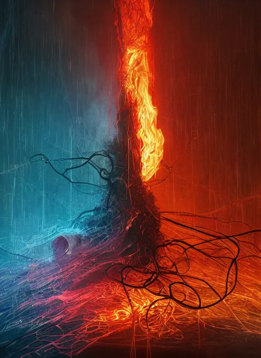 Prompt: rgb wires, fire, rage, cinematic, movie scene, inspired by zdzislaw beksinski, clothes made out of veins,, cables everywhere, bedroom, ultra realistic, concept art, intricate details, highly detailed, photorealistic, octane render, 8 k