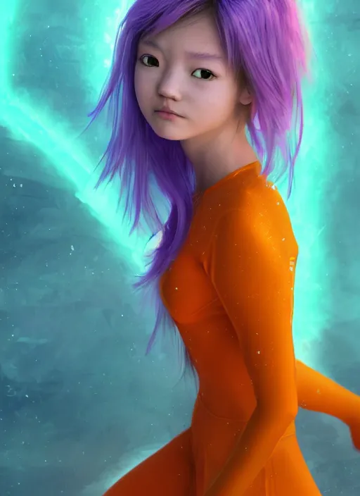 Image similar to teenage rainbow hair asian girl wearing an orange superhero costume, anime digital art, au naturel, hyper detailed, digital art, trending in artstation, cinematic lighting, studio quality, smooth render, unreal engine 5 rendered, octane rendered, art style by klimt and nixeu and ian sprigger and wlop and krenz cushart