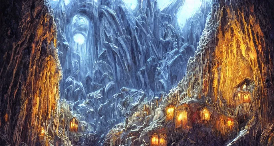 Prompt: Masterfully painted mspaint art piece of middle-earth's 'Mines of Moria' painted by Makoto Shinkai and Studio Ghibli. View from underground within ancient dwarven mining equipment and architecture. Amazing beautiful incredible wow awe-inspiring fantastic masterpiece gorgeous fascinating glorious great.