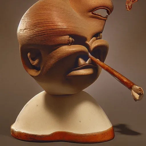 Image similar to Salvador Dali surrealist sculpture of a Moche Lima Bean Warrior fighting and egghead Warrior