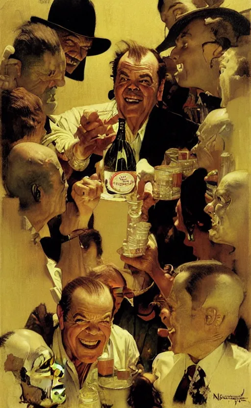 Image similar to illustration, jack nicholson is a bottle, by norman rockwell, roberto ferri, daniel gerhartz, edd cartier, jack kirby, howard brown, ruan jia, tom lovell, jacob collins, dean cornwell