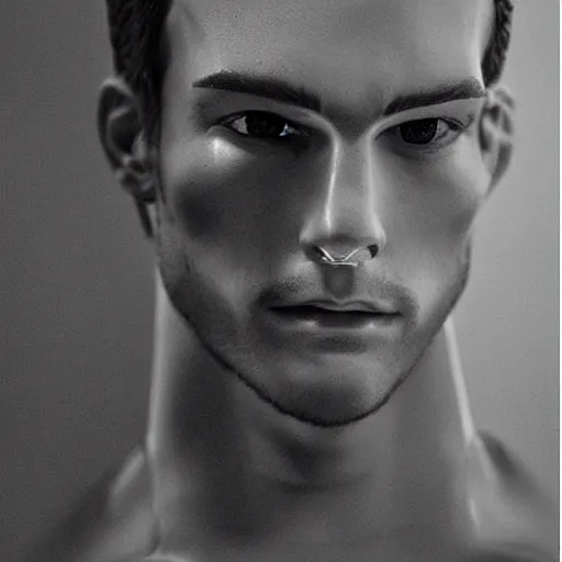 Image similar to “a realistic detailed photo of a guy who is an attractive humanoid who is half robot and half humanoid, who is a male android, Tyler Seguin, shiny skin, posing like a statue, blank stare”