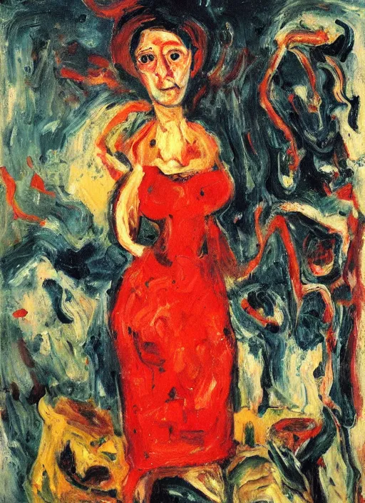 Image similar to an oil painting of a woman in a red dress posing with meat in expressive style of Chaim Soutine, palette of red alizarin and dark gray green, thick impasto painting technique