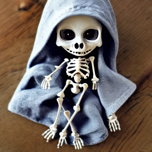 Prompt: an adorable simple ball jointed skeleton doll lovingly crafted by sclupted by hand from porcelain clay on a toy workbench, wearing a little bat poncho hoodie combo with jean shorts, worms eye view, macro camera lens, cinematic, focus