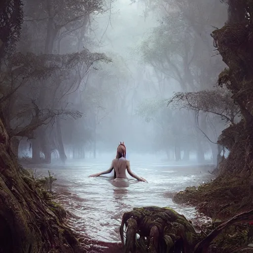 Prompt: forest nymph rising from the water. view from behind, back view. nuri iyem, james gurney, james jean, greg rutkowski, anato finnstark. award winning photography