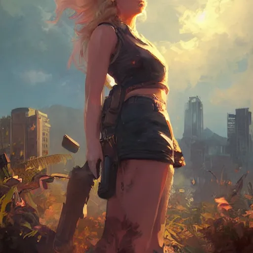 Image similar to fallout 5, charismatic beautiful rugged blonde female protagonist, portrait, outdoors tropical cityscape, atmospheric lighting, painted, intricate, volumetric lighting, beautiful, daytime, sunny weather, few clouds, sharp focus, deep colours, ultra detailed, art by krenz cushart and wenjun lin