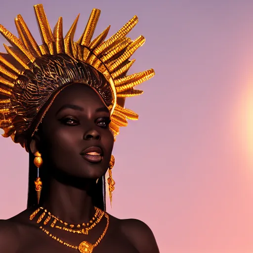 Prompt: a black space goddess with a golden headpiece, trending on artstation, octane render detailed face, 8k, hyperrealistic, medium shot