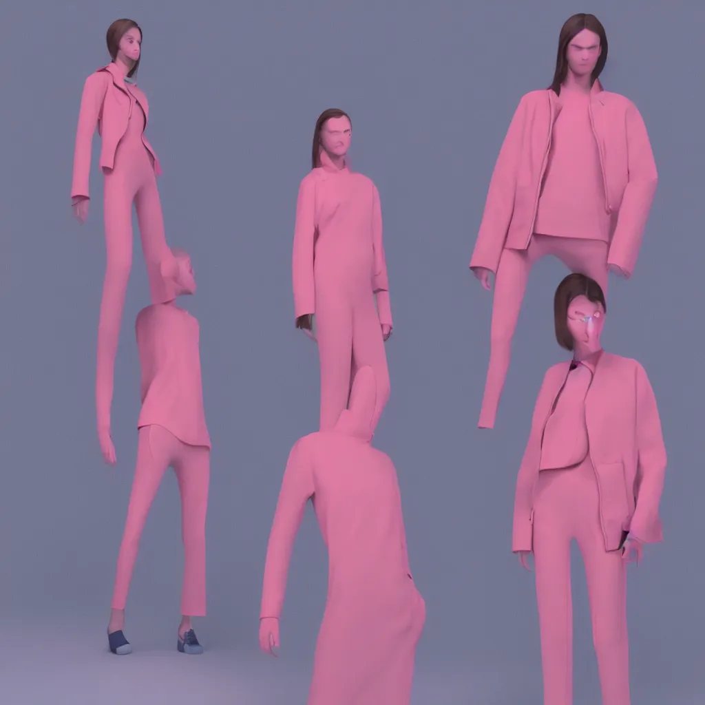 Prompt: moderately cool female person, photoshoot for a lookbook for Balenciaga, 3d render, pink lighting, matte vivid color