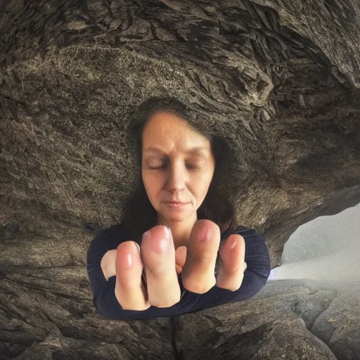 Prompt: Woman sitting under a ginormous rock overhead, partially cupping her hands, gesturing it outward!!!!! to the camera!!!!!, in a rainy environment, fisheye!!!!! lens!!!!!, rainy and wet atmosphere, closeup, dark and grim lighting, trending on artstation, 4k, 8k