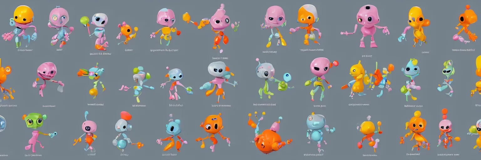Prompt: concept sheet of cute colorful 3 d family characters for kids assisting a concept machine. looks like cute baby robots, simple smooth shapes and forms, reflective like candy, masterpiece, award - winning, intricate concept art, 8 k, artstation