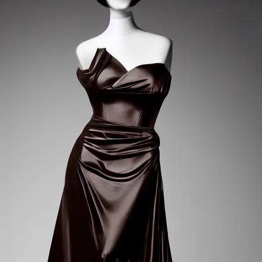 Prompt: a beautiful evening gown made of fluid dark chocolate, on a mannequin.. studio lighting, high quality, high resolution