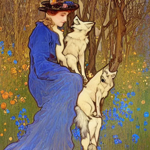 Prompt: landscape art nouveau painting of an beautiful girl dressed as a farmer and her blue fox in the forest, by alphonse mucha and gustav klimt and antoni gaudi, masterpiece,, warm shades of blue, silver, orange, gold, and pink, oil painting, high resolution, very detailed, oil on canvas, trending on artstation