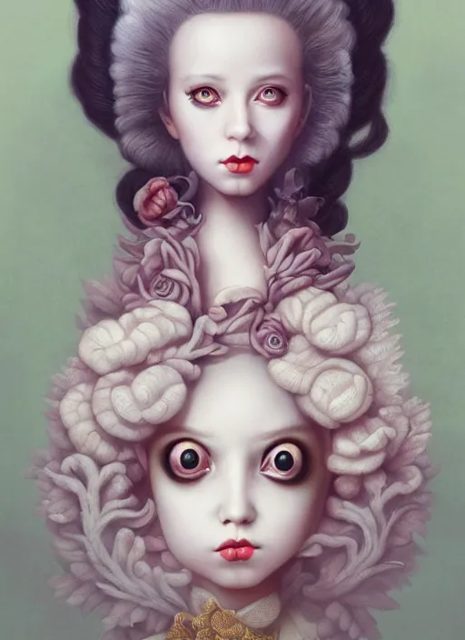 Image similar to pop surrealism, lowbrow art, realistic marie antoinette painting, japanese street fashion, hyper realism, muted colours, rococo, natalie shau, loreta lux, tom bagshaw, mark ryden, trevor brown style,